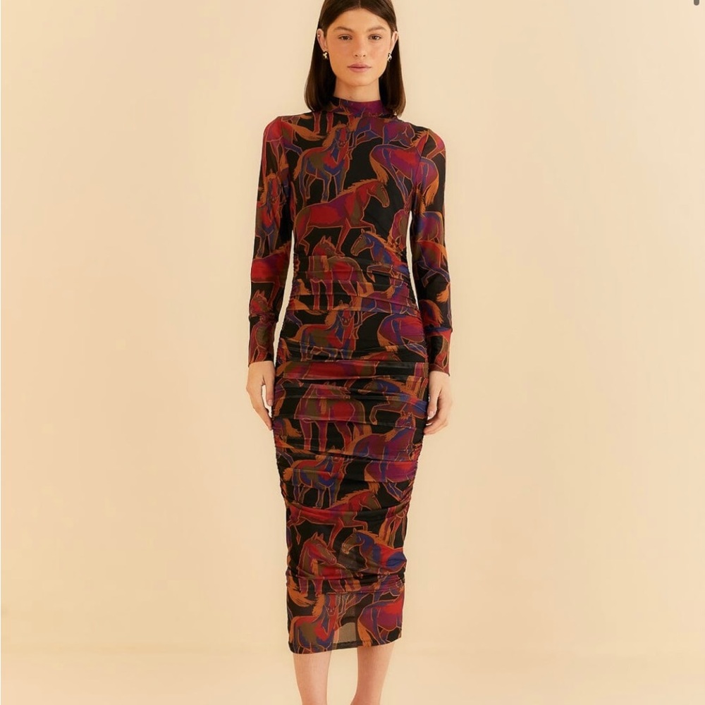Farm Rio Black Wild Horses Tulle Midi Dress